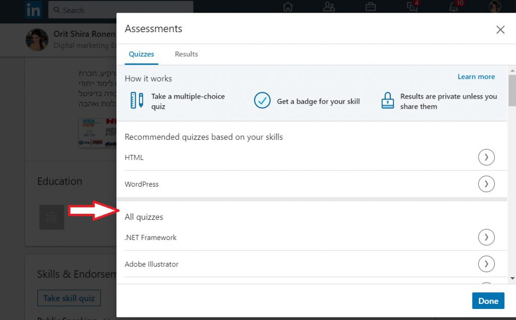 שאלון כישורים בלינקדאין - LinkedIn quizzes based on your skills